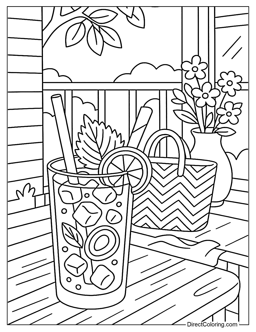 Iced herbal tea glass coloring page with perilla leaves, licorice slices, wooden porch background with basket of books and vase of flowers.